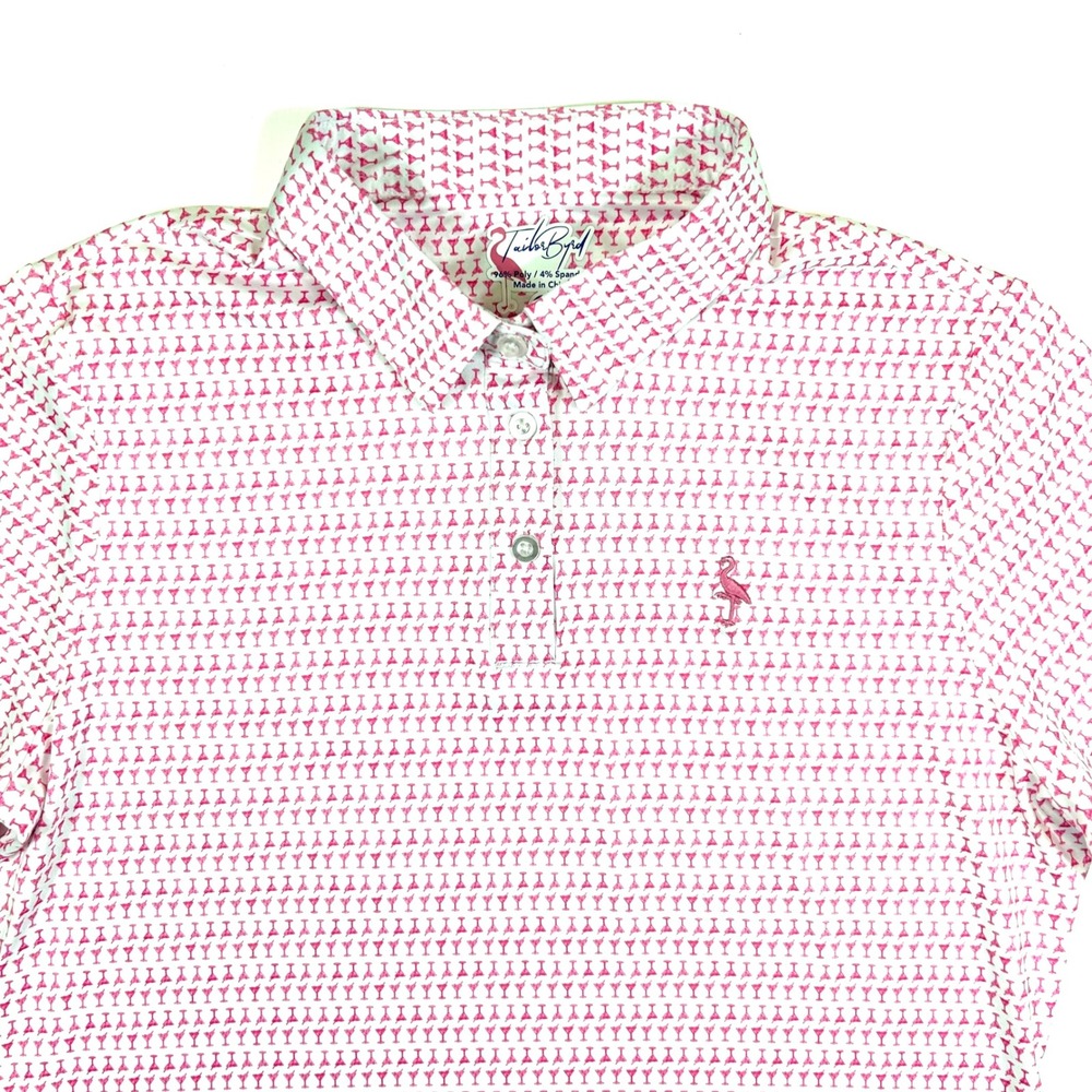 TailorByrd Womens Pink Martini Glass Print Performance Polo Shirt White Medium